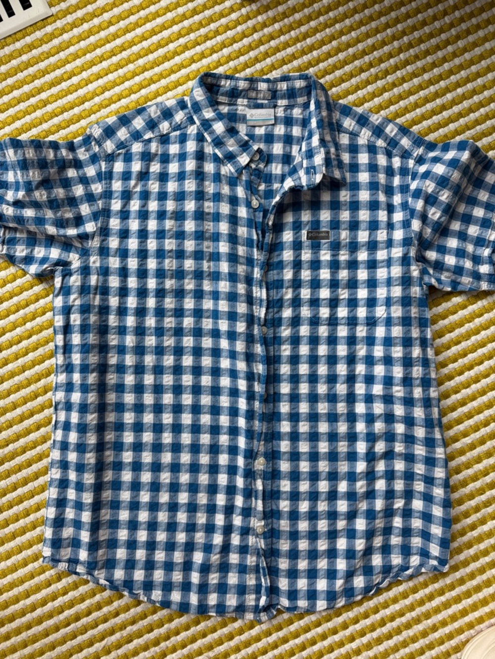 Columbia Blue and White Gingham Short-Sleeve Button-Down Shirt